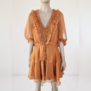 Shona Joy Mini Ruffle Tiered Chiffon Dress Womens 6  Brown Cottage Boho Romantic
